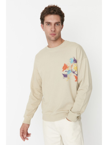 Trendyol Stone Men's Oversize/Wide-Fit Crew Neck Geometric Printed Sweatshirt