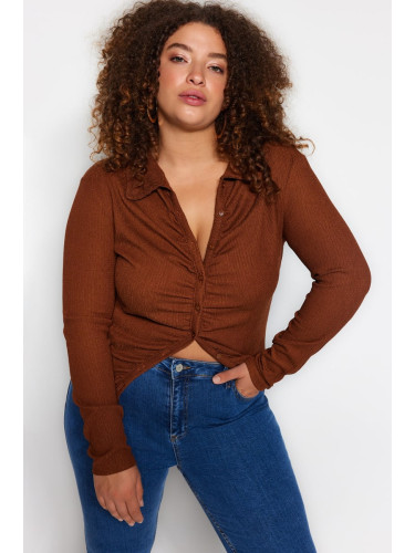 Trendyol Curve Brown Fitted Gathered Knitted Shirt