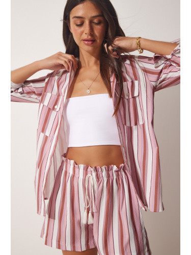 Happiness İstanbul Women's Pink Striped Linen Viscose Shirt and Shorts Set