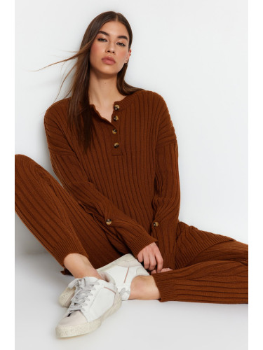 Trendyol Dark Brown Sweater Bottom-Top Suit with Ribbed Pants