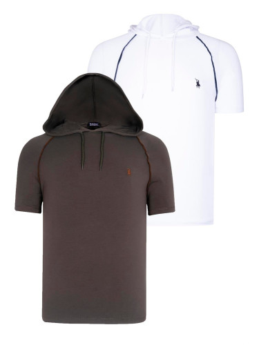 DUAL SET T8570 DEWBERRY HOODED MEN'S T-SHIRT-WHITE-KHAKI