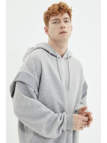 Trendyol Grey Oversize/Wide Cut Hooded Reflective Detailed Fleece/Warm Sweatshirt