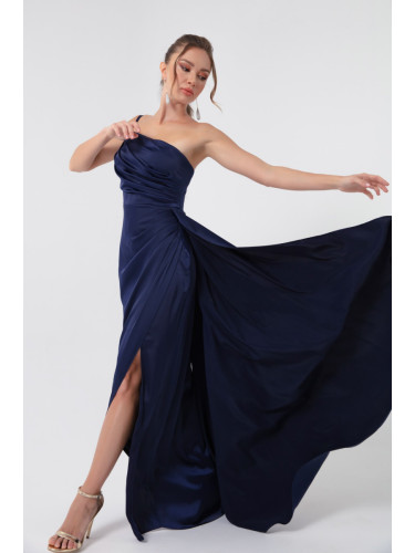 Lafaba Women's Navy Blue One-Shoulder Satin Evening Dress & Graduation Dress