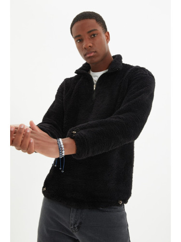 Trendyol Black Regular Cut Warm Plush Sweatshirt with Zipper and Stopper