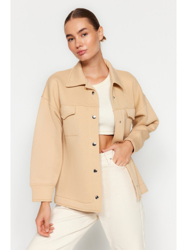 Trendyol бежов извънгабаритни/широки годни поло врата с джобове и бутони руно вътре трикотажно яке