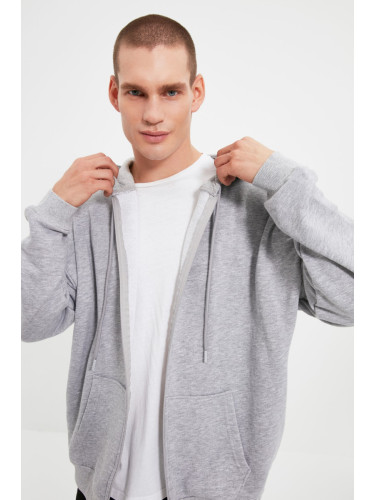 Trendyol Grey Oversize/Wide Cut Zippered Hooded Sweatshirt-Cardigan