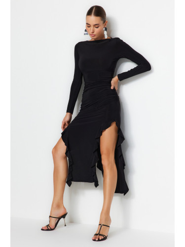 Trendyol Black Skirt Flounced Boat Rock Maxi Stretchy Knitted Dress