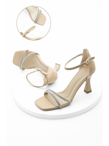 Marjin Women's Evening Dress with Stones Heels and Flat Toe Sapro Beige.