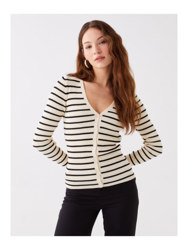 LC Waikiki V-Neck Striped Long Sleeve Women's Knitwear Cardigan