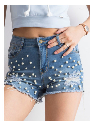 Blue denim shorts with pearls