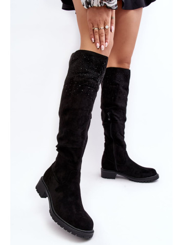 Embellished women's over-the-knee boots with flat heels, black Cintya