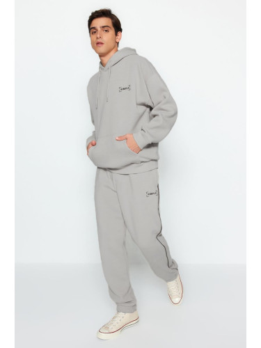 Trendyol Grey Oversize/Wide Cut Hooded Embroidered Inner Fleece/Warm Tracksuit