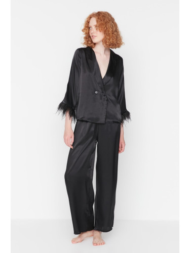 Trendyol Black Feather Detailed Satin Shirt-Pants Woven Pajamas Set