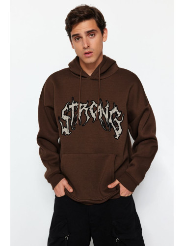 Trendyol Light Brown Oversize/Wide Cut Fleece/Warm Text Embroidered Sweatshirt