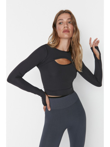 Trendyol Dark Anthracite Crop Window/Cut Out and Thumb Hole Detail Knitted Sports Top/Blouse