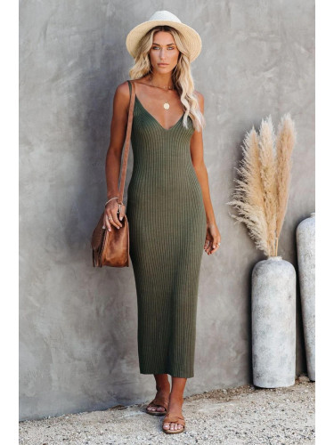 Madmext Khaki V Neck Strappy Knitwear Long Dress