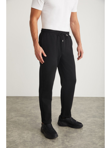 GRIMELANGE Walsh Men's Pique Look Special Fabric Flexible Double Cuff Black Elastic Waist Trousers