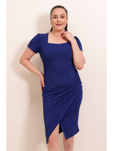 От Saygı къси ръкави с подигравки отстрани, и подплатена обвивка блясък плюс размер рокля широк размер зелено.