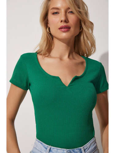 Happiness İstanbul Women's Vibrant Green Sweetheart Neck Corduroy Crop Knitted Blouse