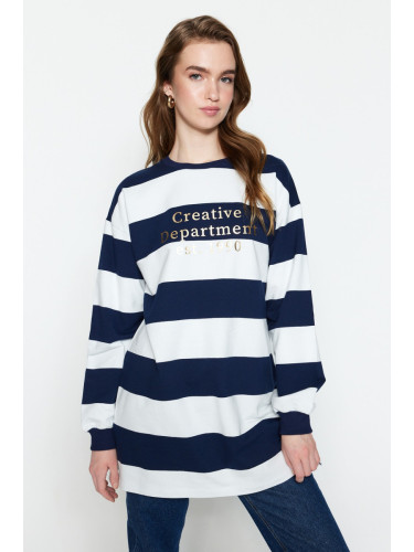 Trendyol Navy Blue Oversize Printed Knitted Striped Tunic