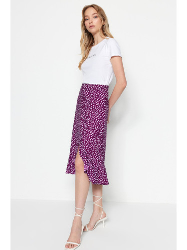 Trendyol Purple Printed High Waist Midi Stretchy Knitted Skirt with Gather Detail and Flounce