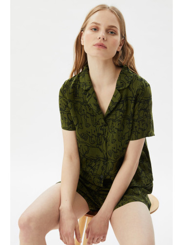 Trendyol Green Viscose Animal Patterned Shirt-Shorts Woven Pajamas Set