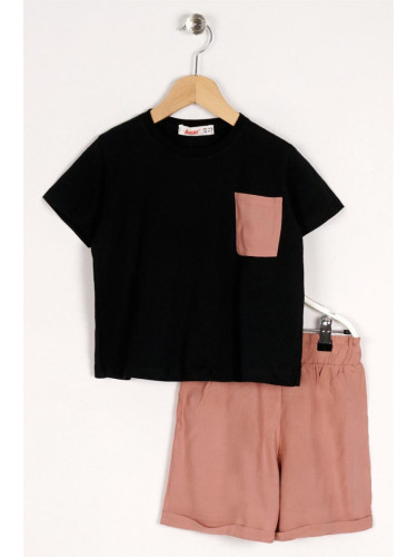 zepkids Girl's Black Powder Color Front Pocket Detailed Shorts Set.
