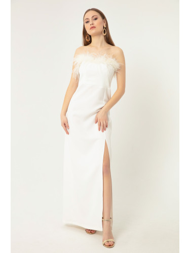 Lafaba Дамска бяла вечерна рокля & Абитуриентска рокля с подрязан детайл