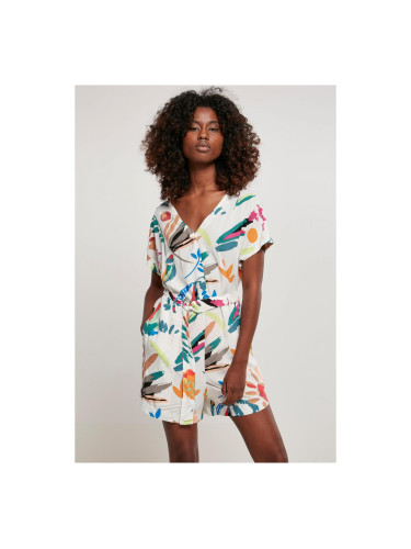 Women's jumpsuit with a short viscose belt in white sandy fruit color