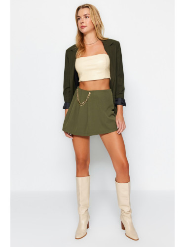 Trendyol Dark Khaki Chain and Pleat Detailed Woven Shorts Skirt