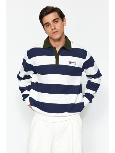 Trendyol Navy Blue Regular/Normal Cut Polo Collar Striped Fleece Inside/Warm Sweatshirt