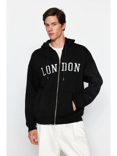 Trendyol Black Oversize/Wide Cut City Embroidered Hooded Cotton Sweatshirt-Cardigan