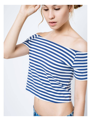 Short blouse with neckline carmen white with navy stripes