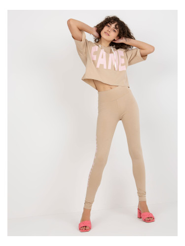 Beige sports set with inscriptions and leggings