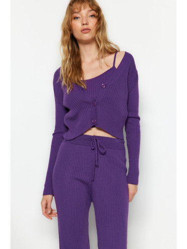 Trendyol лилаво оребрена блуза, жилетка панталони, пуловер отгоре-топ костюм