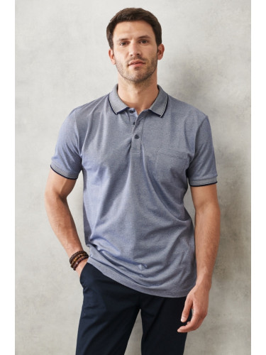 ALTINYILDIZ CLASSICS Мъжки несвиващ се памучен плат Regular Fit Wide Cut, Navy Blue Roll-Up Polo Collar с джобове тениска.