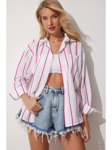 Happiness İstanbul Women's Pink White Striped Oversized Long Cotton Shirt