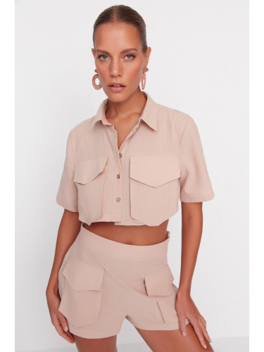 Trendyol Beige Woven 100% Cotton Shirt and Shorts Set With Pocket