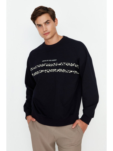 Trendyol Navy Blue Oversize/Wide Cut Crew Neck Text Printed Sweatshirt