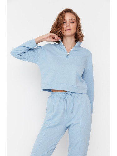 Trendyol Blue Zipper Detail Stand-Up Collar Knitted Sweatshirt