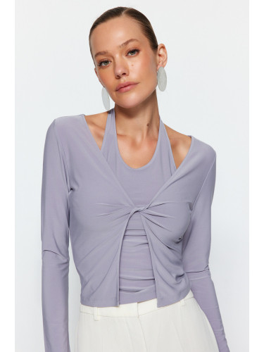 Trendyol Gray Cut Out Detail Fitted Stretch Knitted Blouse