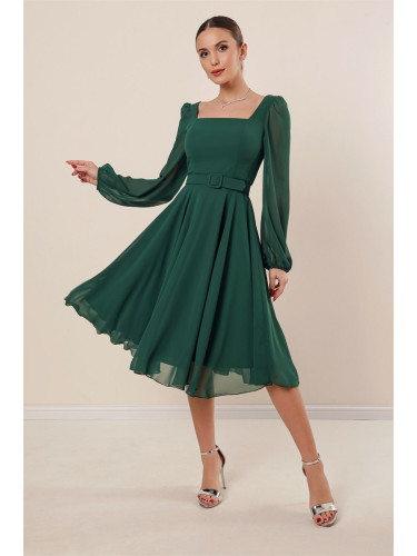 By Saygı Square Neck Belted Lined Flared Chiffon Dress