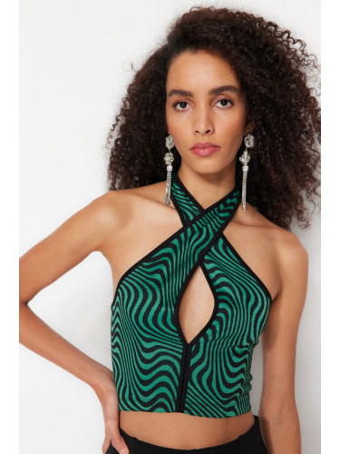 Trendyol Black-Green Crop Knitted Window/Cut Out Detailed Animal Print Bustier