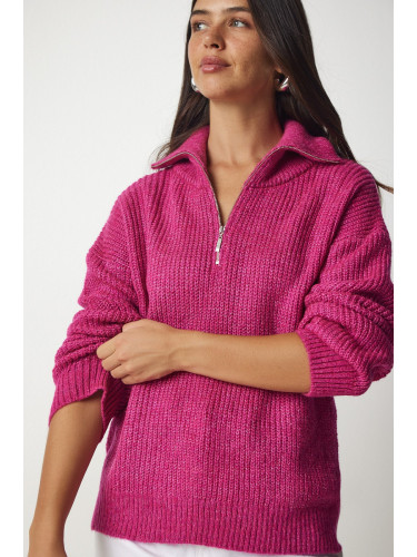 Щастие İstanbul жените розов цип яка трикотаж пуловер
