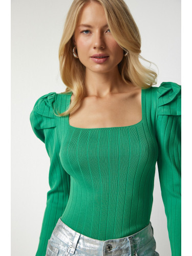 Happiness İstanbul Women's Green Square Collar Corduroy Knitwear Blouse