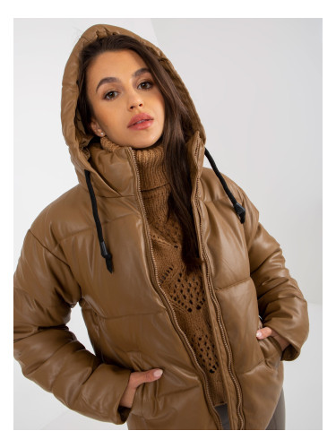 Camel down jacket made of eco-leather with stitching