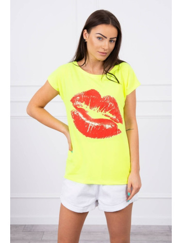 Lip print blouse yellow neon+red