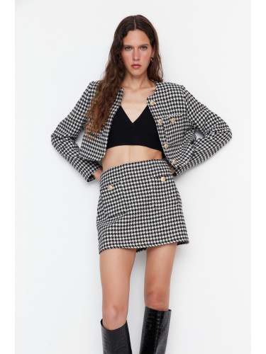 Trendyol Black Button Detailed Houndstooth Patterned Mini Woven Skirt