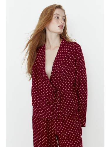 Trendyol Burgundy Heart Pattern Viscose Woven Pajamas Set with Lace-Up Detail