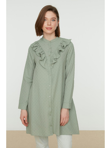 Trendyol Green Collar Ruffle Detailed Shirt With Pompom, Woven Cotton